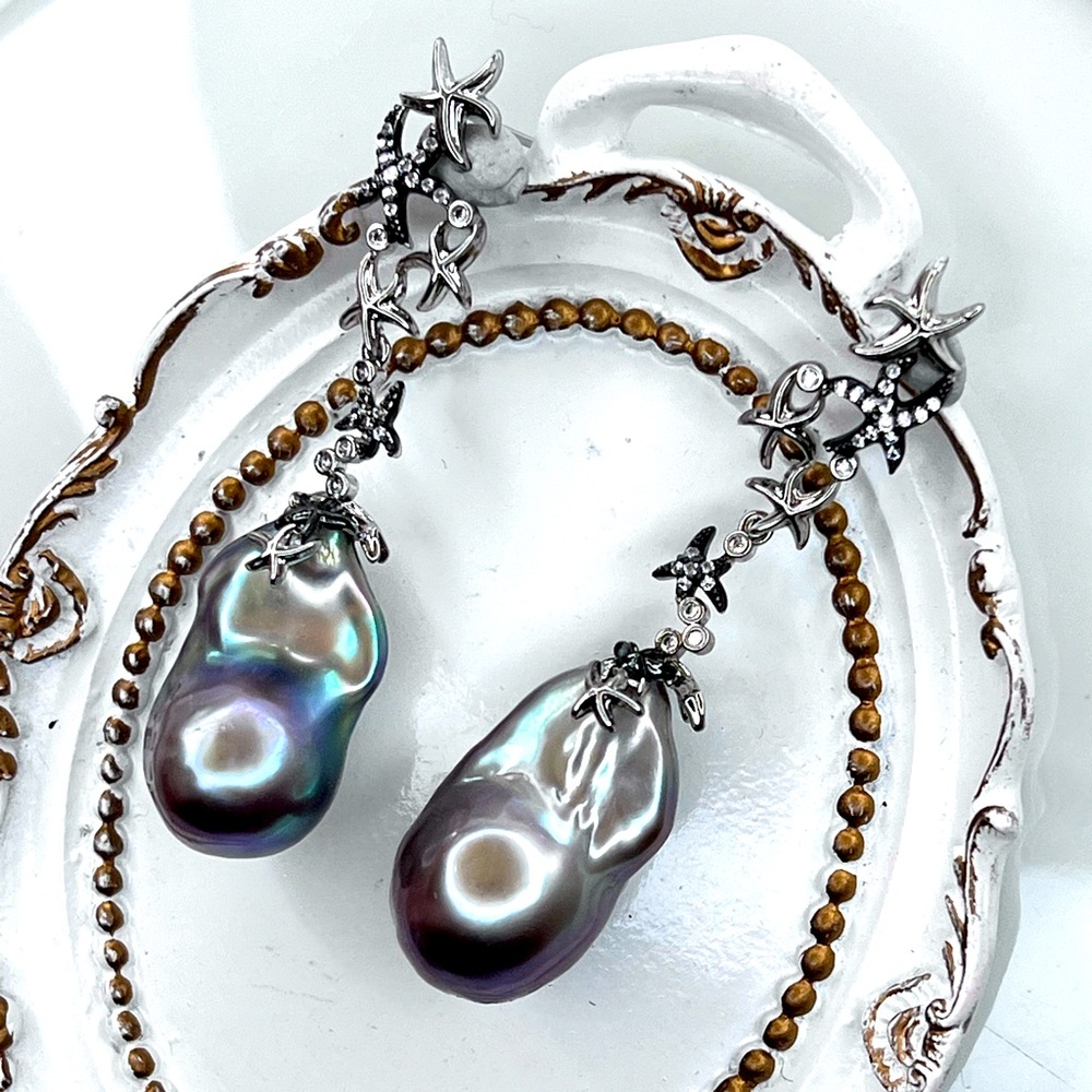 Handmade Blue Lavender Freshwater Big Size Flameball Pearl Starfish  Earrings - Picture 3 of 4